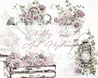 Watercolor Shabby Bouquet Vintage Clipart Rose Hydrangea Pink Blush Clip Art Vintage Natural Neutral Rustic Boho Illustration Shabby Rose