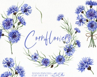 Watercolor Cornflower Flowers Clipart Blue Corn Flower Clip Art Summer Cottage Wedding Invitation Illustration Farm Flower Rustic