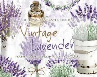 Watercolor Lavender Clipart Vintage Lavandula Clip Art Flower Purple Rustic Wedding Invitation Illustration Wreath Pitcher Bucket Oil Dried