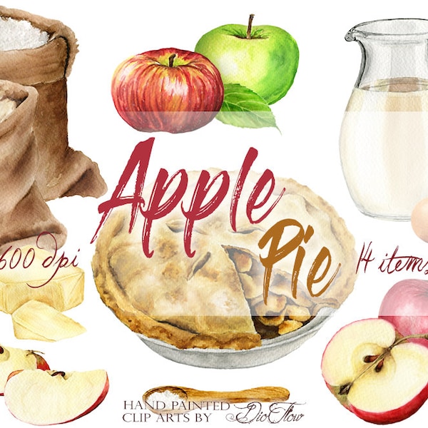 Aquarell Apple Pie Clipart Apfel Kuchen Clip Art Illustration Dekor Küche Dekoration Wand Kunst Home Kochbuch Clips Rezept Karte Zutaten