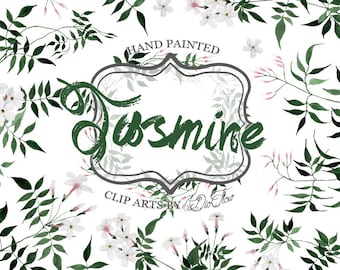 Jasmine Clipart Jasminum Greenery White Green Watercolor Flowers Clip Art Wreath Leaf Greenery Leaves Handpainted Clipart Wedding- "Jasmine"