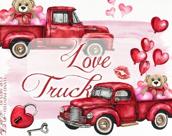 Watercolor Love Truck Clipart Valentine Pick Up Clip Art Teddy Bear Red Trucks Valentine's Hearts Invitation Illustration Vintage Car Truck