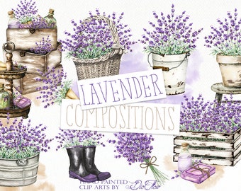 Watercolor Lavender Clipart Vintage Lavandula Clip Art Flower Purple Rustic Wedding Invitation Illustration Wreath Basket Lavender Oil