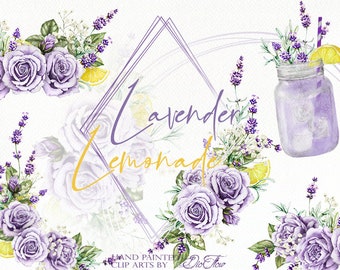 Watercolor Lavender Lemonnade Clipart Vintage Lavandula Clip Art Lemon Lavender Flower Purple Yellow Summer Rustic Invitation Illustration
