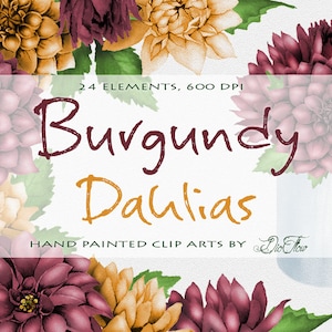 Dahlia aquarelle Clipart Bordeaux Dahlias fleur Clip Art Autumn Leaves Illustration vectorielle mariage Invitation papier automne Dahlia Orange
