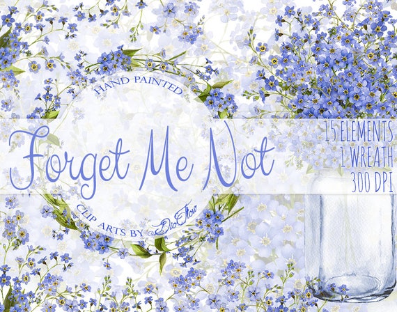 Forget Me Not Wreath Watercolor Clipart Blue Flowers frame Clip Art Wedding Invitation Mountain Wild Tiny Flower Spring blossom flower PNG