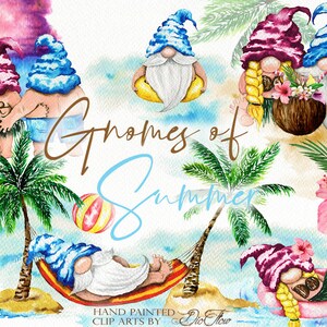 Acquerello Gnomi Spiaggia Estate Gnomi svedesi Clipart Scandinavo Gnome Clip Hawaii Fiori Estate Isola Spiaggia Illustrazione Paradiso
