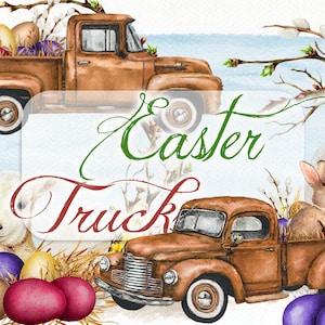 Watercolor Easter Truck Clipart Rabbit Eggs Clip Art Lamb Spring Easter Old Vintage Car Bunny Flowers Watercolor Clip Spring Illustration image 1