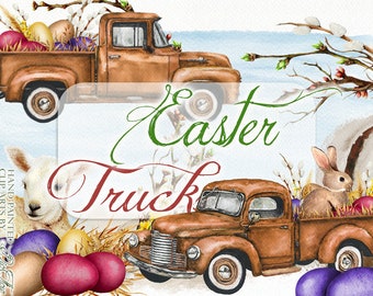 Watercolor Easter Truck Clipart Rabbit Eggs Clip Art Lamb Spring Easter Old Vintage Car Bunny Flowers Watercolor Clip Spring Illustration