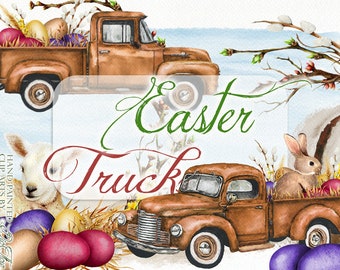 Aquarelle Easter Truck Clipart Rabbit Eggs Clip Art Lamb Spring Easter Old vintage Car Bunny Flowers Aquarelle Clip Spring Illustration