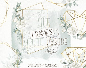 Watercolor White Rose Eucalyptus Winter Clipart White Flowers Clip Art Roses Illustration Wedding Invitation Card Polygonal Frames Geometric