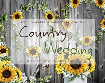 Sunflower Watercolor Country Clipart Wreath Frame Garland Clip Art Summer Wedding Invitation Illustration Vector Rustic Cottage Farm Decor