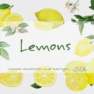 Puede incluir: Ilustraciones de acuarela de limones, hojas y flores. El texto "Lemons" está escrito en cursiva verde. El texto "Hand Painted Clip Arts by Dio Flow" está escrito en cursiva negra.