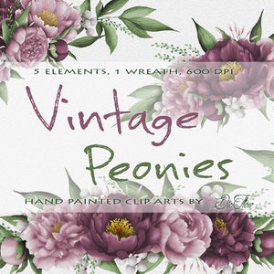 Aquarell Jahrgang Pfingstrose Clipart Mauve Pfingstrosen Blume grün Clip Art grau Blättern Illustration Vektor Hochzeit Einladung Pfingstrose Dekoration