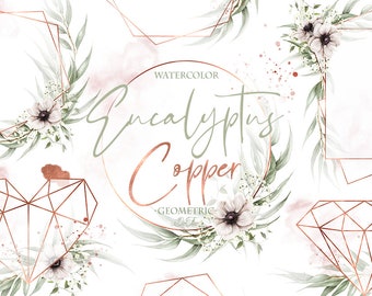 Aquarell Eukalyptus Geometric Copper Anemone Clipart Weihbild Grafik Clip Art Eucalyptus Grün Weiß Green Illustration Einladung Einladung