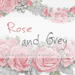 Pink Rose Clipart Grey grijs Clip Art bloemen aquarel rozen Garland krans illustratie Rose Quartz bloementuin bruiloft uitnodiging groen