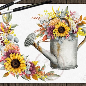 May include: A watercolor painting of a vintage watering can filled with a bouquet of sunflowers, burgundy, and yellow flowers. The flowers are arranged in a half-circle shape around the watering can.