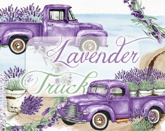 Watercolor Lavender Truck Clipart Flower Car Clip Art Lavandula Old Vintage Purple Car Lavender Flowers Watercolor Clip Spring Illustration