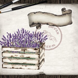 May include: A wooden crate filled with purple lavender flowers. The crate is on a white background with a brown scroll and a stamp that says "WATER STAINED".