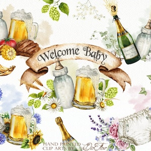 Aquarel baby clipart babyshower clip art babybrouwen luier bier champagne babyfles aquarel clip illustratie land ontwerp