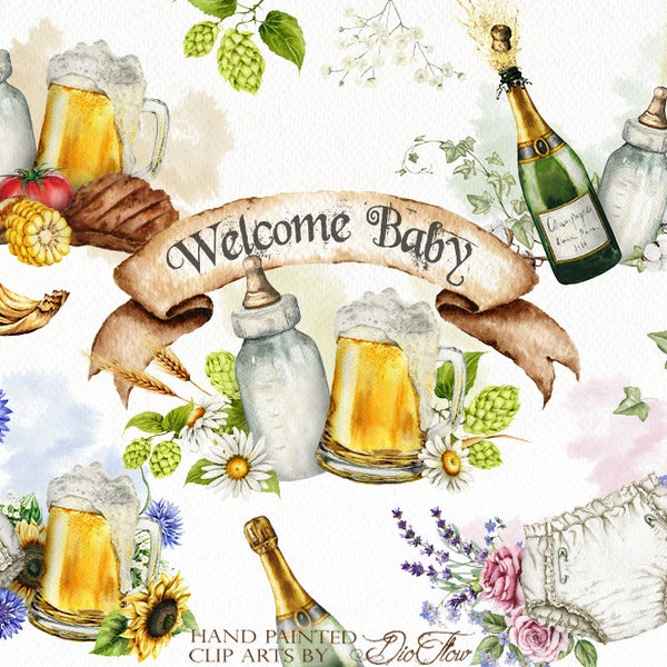 Watercolor Baby Clipart Baby Shower Clip Art Baby Brewing Diaper Beer Champagne Baby Bottle Watercolor Clip Illustration Country Design