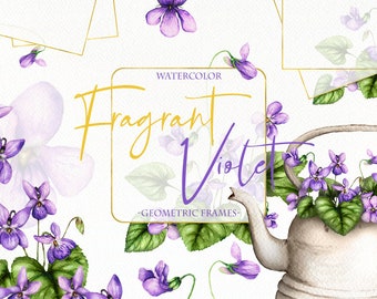 Aquarell violett Frühling lila Viola Blumen Clipart ClipArt rustikale Teekanne Frühling Hochzeit Einladung Illustration Vektor violett Blume