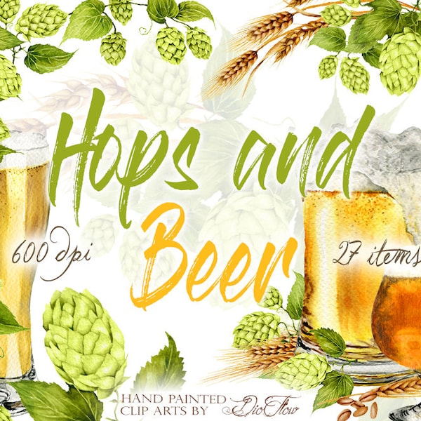 Watercolor Hops Beer Clipart Hops Vines Barley Clip Art Drink Illustration Dark Beer Ale Hops Wreath Porter Stout Oktober Fest Clip Art