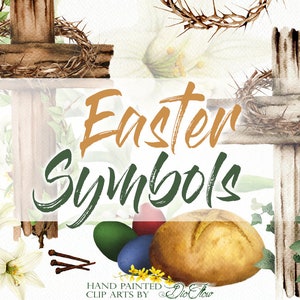 Watercolor Easter Clipart Rising Symbols Christ Cross Easter Clip Art Leaves Easter Lily Thorns Thorn Crown Eggs Bread Easter Invitation