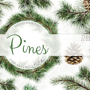 Clipart di pino ad acquerello Clipart invernale Rami di Natale Pini invernali Invito di nozze Verde Foglie di Natale bianche Pigne sempreverdi