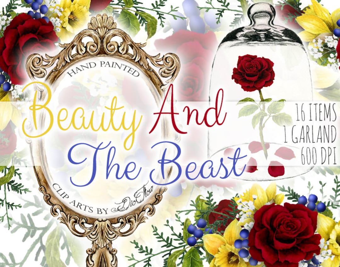 Watercolor Beauty Beast Clipart Red Rose Yellow Blue Mirror Clip Art