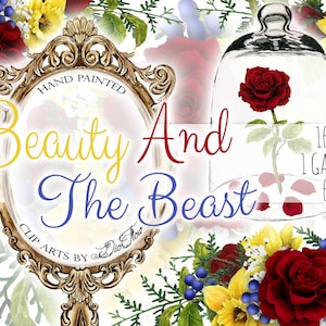 Acquerello Bella e Bestia Clipart Rosa Rossa Giallo Blu Specchio Clip Art Bella e Bestia Rosa Magica Fiore Invito a Nozze Illustrazione