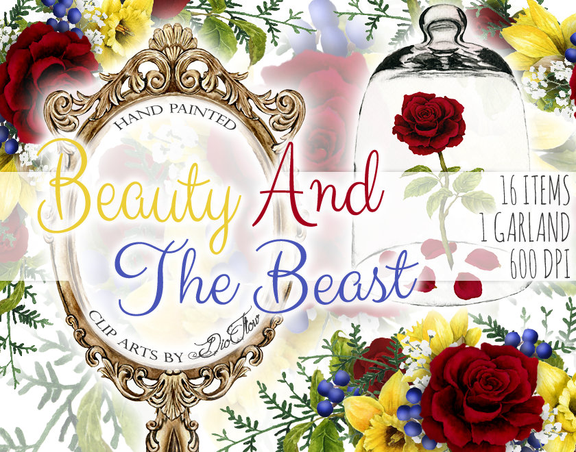 Watercolor Beauty Beast Clipart Red Rose Yellow Blue Mirror Etsy