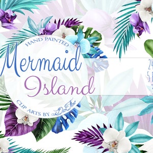 Wasserfarbe Tropical Mermaid Clipart Frame Orchideen Tropical Leaves Frames Clip Art Illustration Einladung Blumen Meerjungfrau Farben Teal Purple