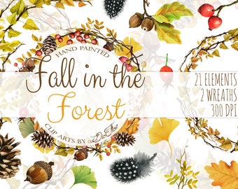 Watercolor Fall Autumn Clipart Leaves Berries Clip Art Rosehip Oak Feathers Pine cone Ginkgo Invitation Illustration Fall Wedding Leaf