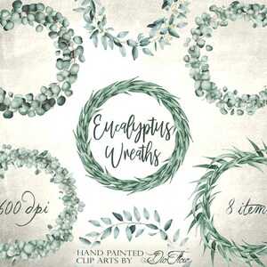 Grinaldas de eucalipto Clipart Molduras em aquarela Greenery Clip Art Baby Blue Willow Semeado Coroa de eucalipto Ilustração de convite de casamento
