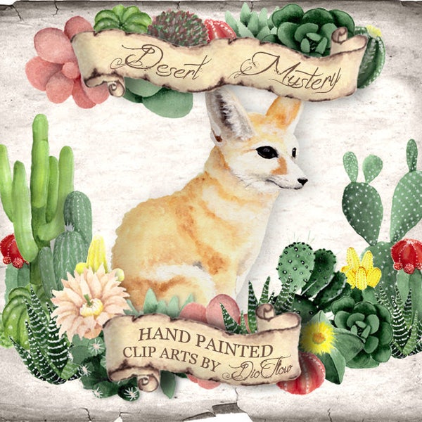 Cactus Clipart Succulent Fox Clipart Cacti Clip Art Fennec Fox Desert Cactus Flower Succulent Fox Clipart Flower Clip Art - "Desert Mystery"