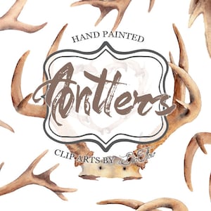 Antler Clipart Woodland Deer Watercolor Forest Handpainted Illustration Wedding Invitation Clip Art Boho Wreath Digital Printable Antlers