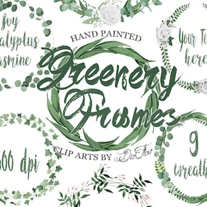 Puede incluir: Nueve coronas de vegetación verde pintadas a mano con acuarela, con hiedra, eucalipto y jazmín. Las coronas son de 600 dpi y perfectas para agregar un toque de naturaleza a tus diseños.