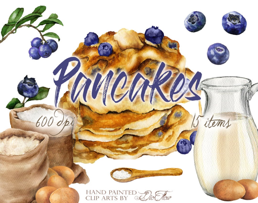 Watercolor Pancakes Blueberry Clipart Pancake Clip Art Blueberries Illustration Decor Kitchen