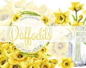 Watercolor Daffodils Clipart Daffodil Clip Art Rustic Mason Jar Spring Wedding Invitation Illustration Vector Yellow Flower Art Narcissus