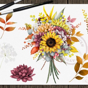 May include: A watercolor painting of a bouquet of fall flowers. The bouquet includes sunflowers, burgundy dahlias, and yellow and orange leaves. The flowers are tied together with a brown ribbon.