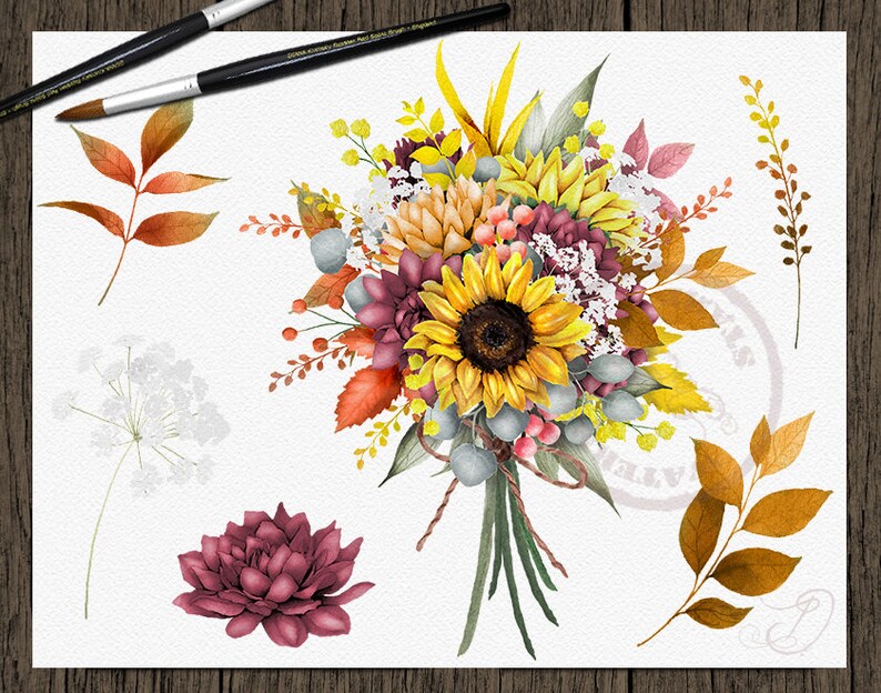 May include: A watercolor painting of a bouquet of fall flowers. The bouquet includes sunflowers, burgundy dahlias, and yellow and orange leaves. The flowers are tied together with a brown ribbon.