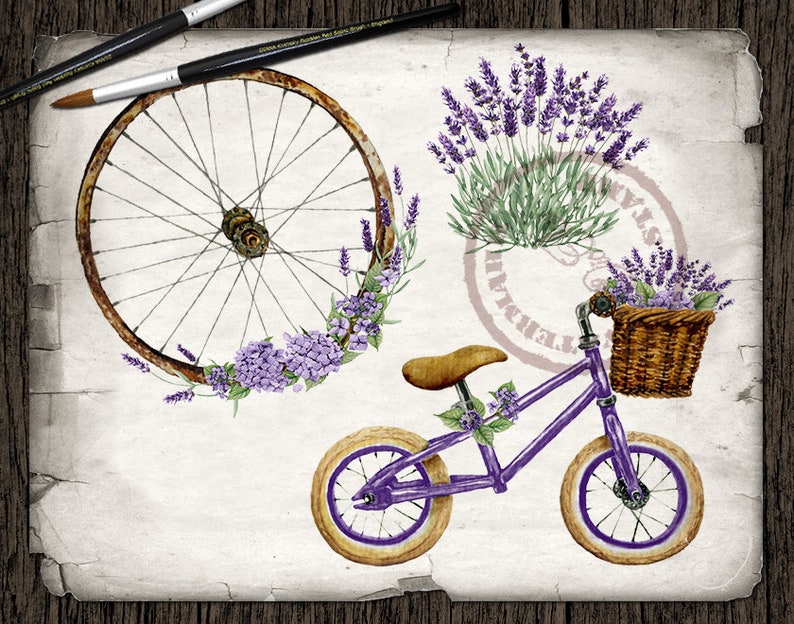 May include: A purple bicycle with a wicker basket filled with lavender flowers. The bicycle has a rusty wheel and a lavender wreath.