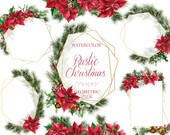Watercolor Christmas Geometric Clipart Rustic Clip Art Winter Sleigh Bells Christmas Wedding Invitation Poinsettia Holly Mistletoe Pine