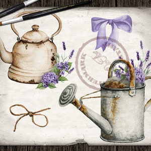 May include: A watercolor illustration of a vintage tea kettle, watering can, and lavender flowers. The kettle and watering can are both rusty and have a distressed look. The lavender flowers are purple and have green stems.