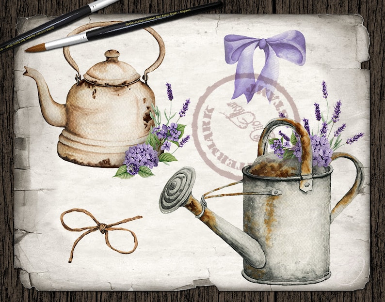 May include: A watercolor illustration of a vintage tea kettle, watering can, and lavender flowers. The kettle and watering can are both rusty and have a distressed look. The lavender flowers are purple and have green stems.