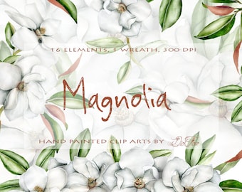 Watercolor Magnolia Flowers Leaves White Green Greenery Clipart Magnolias Frame Leaves Vector Clip Art Flower Wedding Invitation Spring Art