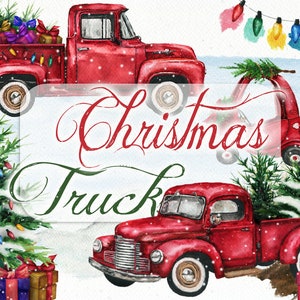 Aquarelle Camion de Noël Clipart Pick Up Clip Art Hiver Camions Rouges Invitation Illustration Snowy Noël voiture vintage Tikes Baby Truck