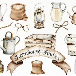 Watercolor Farmhouse Country Farm Clipart Cottage Clip Art Illustration Vector Rustic Pitchers Vintage Cans Farm Accessories Home Decor