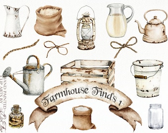 Watercolor Farmhouse Country Farm Clipart Cottage Clip Art Illustration Vector Rustic Pitchers Vintage Cans Farm Accessories Home Decor